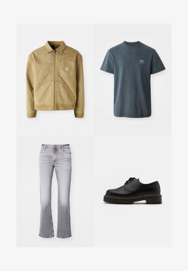 Casaco castanho com fecho de correr à frente, colarinho pontiagudo, bolso no peito e grandes bolsos laterais. Feito de um tecido resistente com detalhes de costura visíveis.; T-shirt de algodão cinza escuro com decote redondo, mangas curtas e um pequeno logótipo impresso no lado esquerdo. Corte clássico com bainha direta.; Calças de ganga cinzentas, com corte flare e acabamento desgastado, design de cinco bolsos, fecho frontal por botão e costuras decorativas ao longo das costuras.; Sapato de pele preta com atacadores, bico arredondado, sola de borracha texturizada e costura amarela à volta da base. Design plano e acabamento liso.