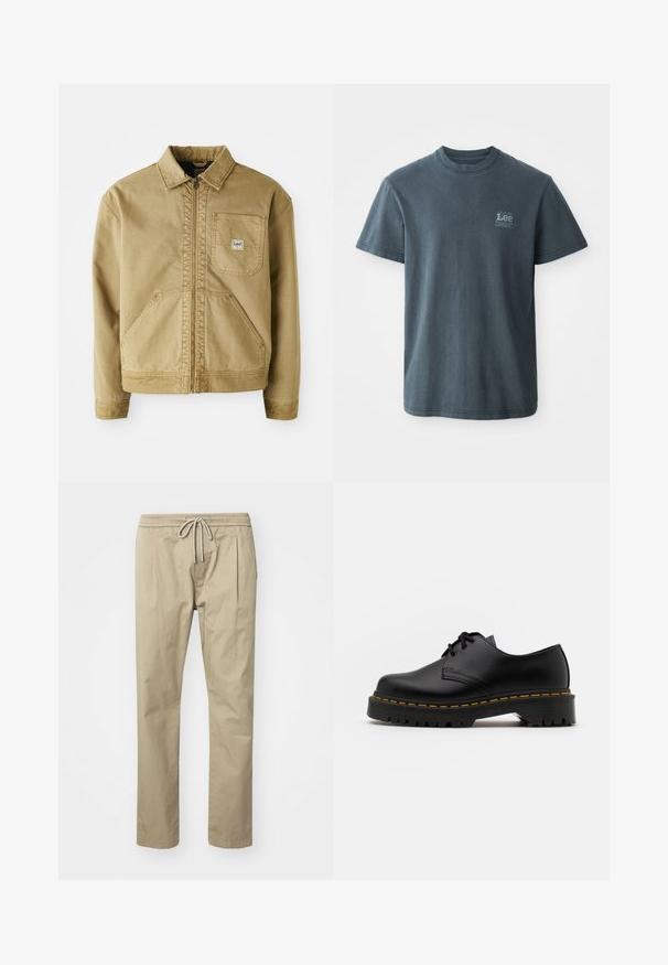 Ljusbrun jacka med dragkedja fram, spetsig krage, bröstficka och stora sidofickor. Tillverkad av slitstarkt tyg med synliga sömdetaljer.; Mörkgrå bomulls-T-shirt med rund hals, korta ärmar och en liten tryckt logotyp på vänster sida. Klassisk passform med rak nederkant.; Beige chinos i bomullsblandning, med elastisk midja och snöre, samt sidofickor för ökad komfort och stil.; Svart läder snörsko med rundad tå, texturerad gummisula och gul söm runt basen. Platt design och slät yta.