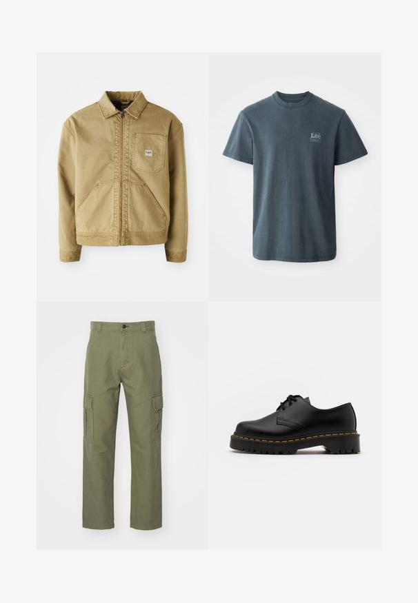 Ruda striukė su užtrauktuku, smailiu apykakle, krūtinės kišene ir didelėmis šoninėmis kišenėmis. Pagaminta iš tvirto audinio su matomomis siuvimo detalėmis.; Tamsiai pilkas medvilninis marškinėliai su apvalia iškirpte, trumpomis rankovėmis ir mažai spaudinta logotipu kairėje pusėje. Klasikinis fasonas su tiesiu apvadu.; Alyvuogių žalios spalvos cargo kelnės su tiesiomis kojomis, turinčios dvi šonines cargo kišenes ir mygtuko užsegimą juosmens srityje. Pagamintos iš medvilnės.; Juoda odinė lakuota avalynė su apvaliu pirštu, tekstūruota gumine padu ir geltona siūlelių apdaila aplink bazę. Lygus dizainas ir glotnus paviršius.