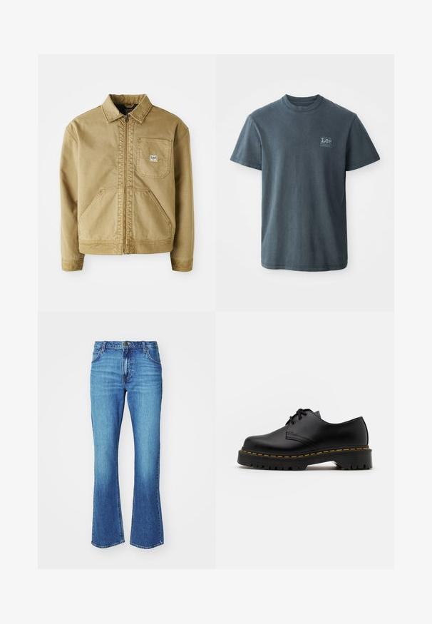 Casaco castanho com fecho de correr à frente, colarinho pontiagudo, bolso no peito e grandes bolsos laterais. Feito de um tecido resistente com detalhes de costura visíveis.; T-shirt de algodão cinza escuro com decote redondo, mangas curtas e um pequeno logótipo impresso no lado esquerdo. Corte clássico com bainha direta.; Jeans flare em denim azul com lavagem média, apresentando um design de cinco bolsos, passantes para cinto e fecho de zíper com botão.; Sapato de pele preta com atacadores, bico arredondado, sola de borracha texturizada e costura amarela à volta da base. Design plano e acabamento liso.