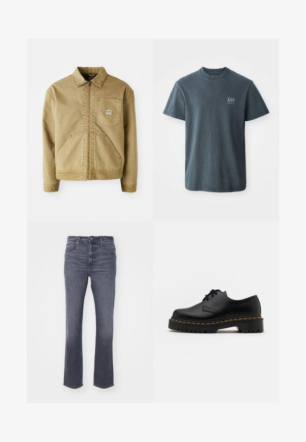 Hnědá bunda s zipovým předním zapínáním, špičatým límcem, náprsní kapsou a velkými bočními kapsami. Vyrobena z odolného materiálu s viditelnými stehenními detaily.; Tmavě šedé bavlněné tričko s kulatým výstřihem, krátkými rukávy a malým tištěným logem na levé straně. Klasický střih se rovnou spodní částí.; Šedé džíny z denimu se rovnými nohavicemi, pětikapsovým designem, jemným blednutím, zapínáním na knoflík a zip a klasickým pasem.; Černá kůže šněrovací boty s kulatou špičkou, texturovanou gumovou podrážkou a žlutým prošíváním kolem základny. Plný design a hladký povrch.