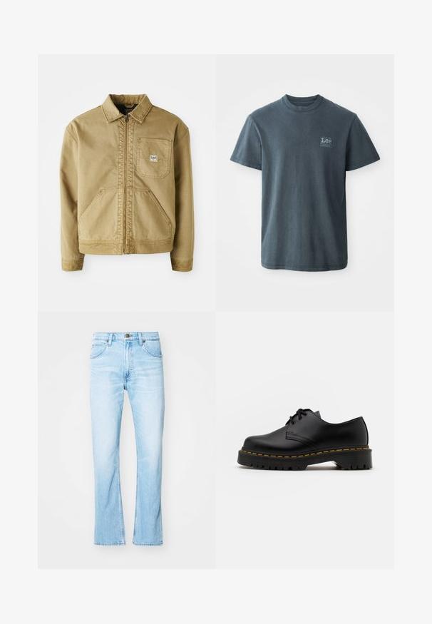 Beżowa kurtka z zamkiem z przodu, spiczastym kołnierzem, kieszenią na piersi oraz dużymi kieszeniami bocznymi. Wykonana z wytrzymałego materiału z widocznymi detalami szwów.; Czarnoszary t-shirt bawełniany z okrągłym dekoltem, krótkimi rękawami i małym nadrukowanym logo po lewej stronie. Klasyczny krój z prostym dołem.; Jasnoniebieskie dżinsy o prostych nogawkach, pięć kieszeni, zapięcie na guzik z przodu oraz kontrastowe szwy. Gładka tekstura z wyblakłymi fragmentami.; Czarne skórzane buty na sznurówki z zaokrąglonym noskiem, teksturowaną gumową podeszwą i żółtym przeszyciem wokół podstawy. Płaski design i gładkie wykończenie.