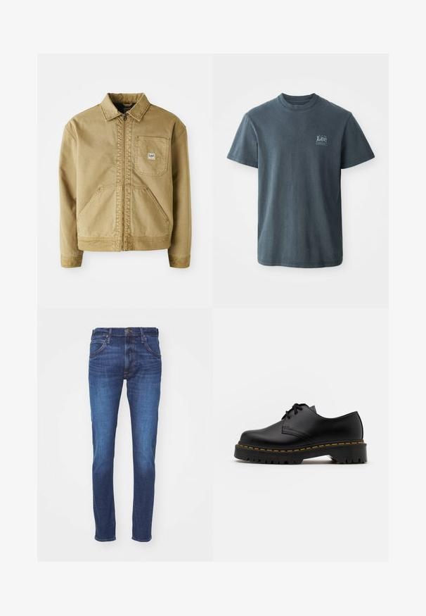 Rjava jakna z zadrgo spredaj, s koničastim ovratnikom, žepom na prsih in velikima stranskima žepoma. Narejena iz trdne tkanine z vidnimi šivi.; Temno siva bombažna majica s kratkimi rokavi in okroglim izrezom, z majhnim tiskanim logotipom na levi strani. Klasičen kroj z ravnim robom.; Modre denim hlače s slim fit krojem, petimi žepi in subtilnim zbledelostjo. Opremljene z zlatim kovinskim gumbom in sivimi šivi.; Črne usnjene čevlje z vezalkami in zaobljenim nosom, z gumijastim podplatom in rumenim šivom okoli osnove. Ravna zasnova in gladka površina.