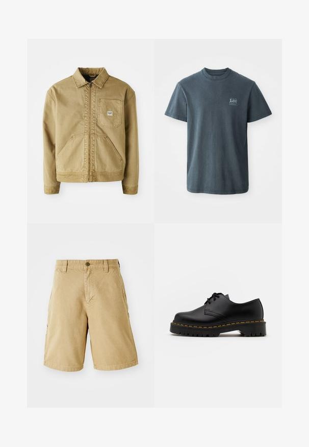 Tan jakke med lynlås i front, spidse krave, brystlomme og store sidelommer. Lavet af robust stof med synlige syninger.; Mørkegrå bomulds T-shirt med rund hals, korte ærmer og et lille trykt logo på venstre side. Klassisk pasform med lige kant.; Beige bomulds cargo shorts med front- og sidelommer, bæltestropper og metalstikknap lukning. Lige snit og knæ-længde design.; Sort læder snøresko med en rund tå, tekstureret gummisål og gule stikninger omkring bunden. Flad design og glat finish.