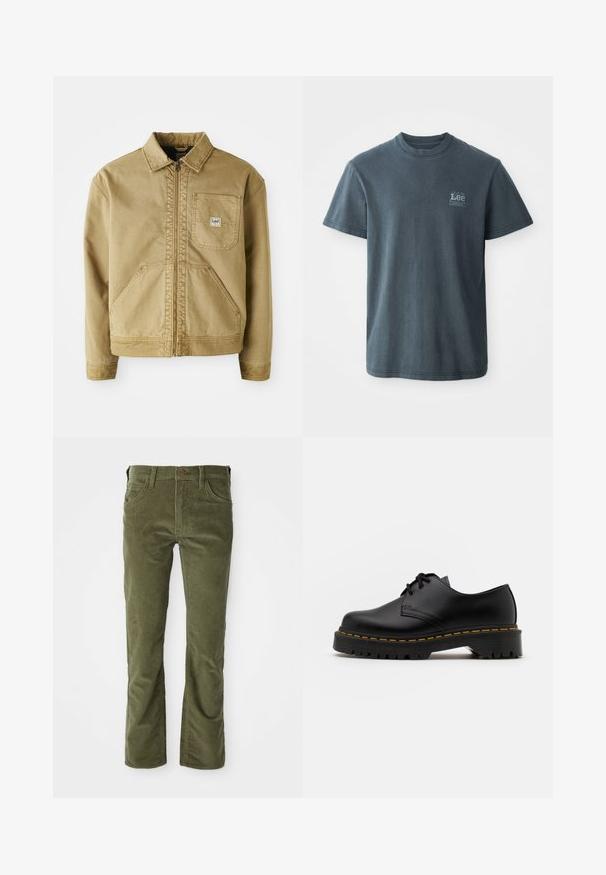 Beżowa kurtka z zamkiem z przodu, spiczastym kołnierzem, kieszenią na piersi oraz dużymi kieszeniami bocznymi. Wykonana z wytrzymałego materiału z widocznymi detalami szwów.; Czarnoszary t-shirt bawełniany z okrągłym dekoltem, krótkimi rękawami i małym nadrukowanym logo po lewej stronie. Klasyczny krój z prostym dołem.; Olive oliwkowe spodnie z kordurowego materiału, z kieszeniami z przodu, szlufkami na pasek, zapięciem na guzik i delikatnym rozszerzeniem na nogawkach.; Czarne skórzane buty na sznurówki z zaokrąglonym noskiem, teksturowaną gumową podeszwą i żółtym przeszyciem wokół podstawy. Płaski design i gładkie wykończenie.
