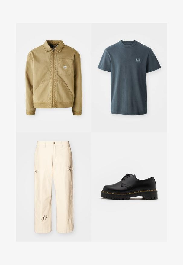 Tan jas met een ritssluiting aan de voorkant, spitse kraag, borstzak en grote zijzakken. Gemaakt van stevig materiaal met zichtbare stikseldetails.; Donkergrijze katoenen T-shirt met ronde hals, korte mouwen en een klein bedrukt logo aan de linkerkant. Klassieke pasvorm met rechte zoom.; Obey Clothing BIG TIMER CARPENTER - Cargobroek - clay; Zwarte leren veterschoen met een ronde neus, getextureerde rubberen zool en gele stiksels rond de basis. Plat ontwerp en een gladde afwerking.