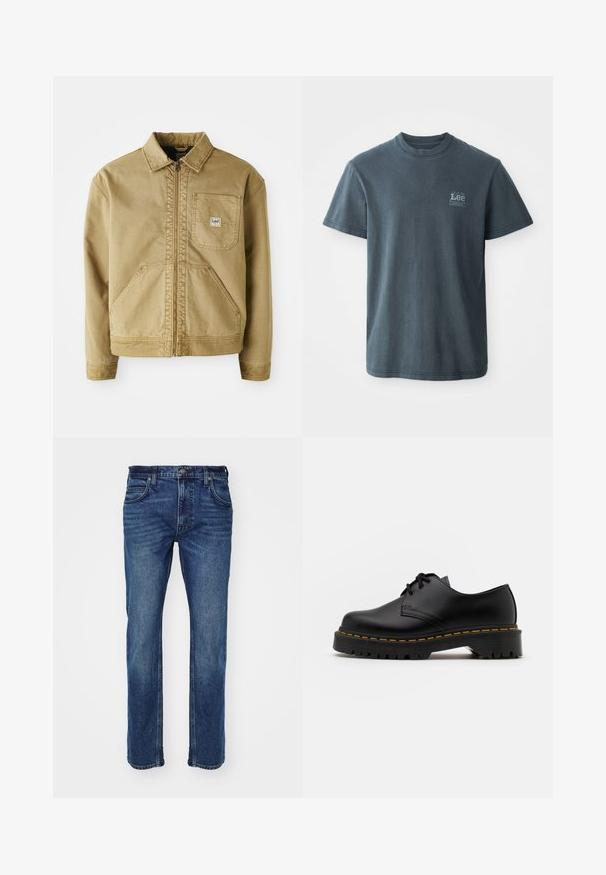 Casaco castanho com fecho de correr à frente, colarinho pontiagudo, bolso no peito e grandes bolsos laterais. Feito de um tecido resistente com detalhes de costura visíveis.; T-shirt de algodão cinza escuro com decote redondo, mangas curtas e um pequeno logótipo impresso no lado esquerdo. Corte clássico com bainha direta.; Calças de ganga azul com design de perna reta, apresentando dois bolsos frontais, um bolso nas costas e fecho com botão na cintura.; Sapato de pele preta com atacadores, bico arredondado, sola de borracha texturizada e costura amarela à volta da base. Design plano e acabamento liso.