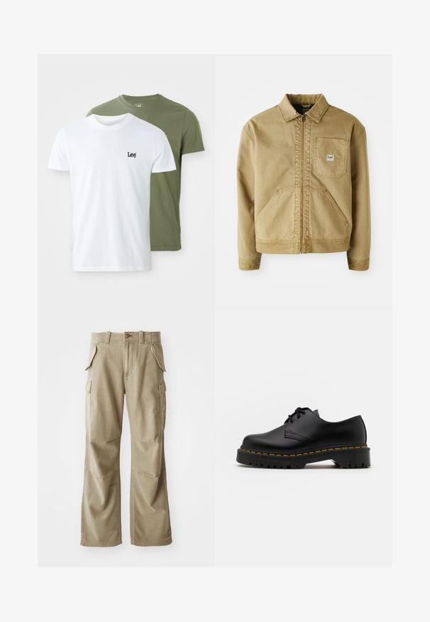 Brūns žakets ar rāvējslēdzēju priekšā, ar norādītu apkakli, krūšu kabatu un lielām sānu kabatām. Izgatavots no izturīga auduma ar redzamām šuvju detaļām.; Divas īsām piedurknēm T-krekli: viens balts ar melnu "Lee" logotipu un viens olīvu zaļš. Abi izgatavoti no mīkstas kokvilnas ar klasisku piegriezumu.; Bēše kravas bikses izgatavotas no izturīga auduma, ar brīvu piegriezumu, vairākām sānu kabatām un nostiprinātiem ceļgaliem. Plakans priekšējais dizains.; Melnas ādas kurpes ar saistēm, noapaļota purngalu, ar teksturētu gumijas zoli un dzeltenu šuvju ap malu. Plakana forma un gluda apdare.
