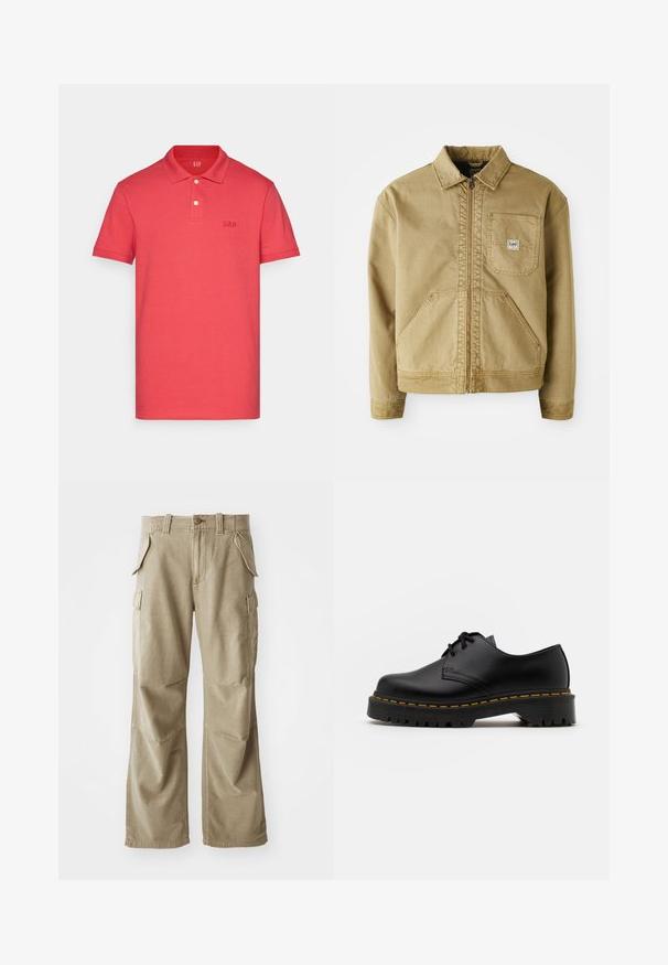 Hnědá bunda s zipovým předním zapínáním, špičatým límcem, náprsní kapsou a velkými bočními kapsami. Vyrobena z odolného materiálu s viditelnými stehenními detaily.; GAP LOGO - Polotričko - weathered red; Béžové cargo kalhoty vyrobené z odolné látky, s uvolněným střihem, několika bočními kapsami a zesílenými koleny. Plochý přední design.; Černá kůže šněrovací boty s kulatou špičkou, texturovanou gumovou podrážkou a žlutým prošíváním kolem základny. Plný design a hladký povrch.