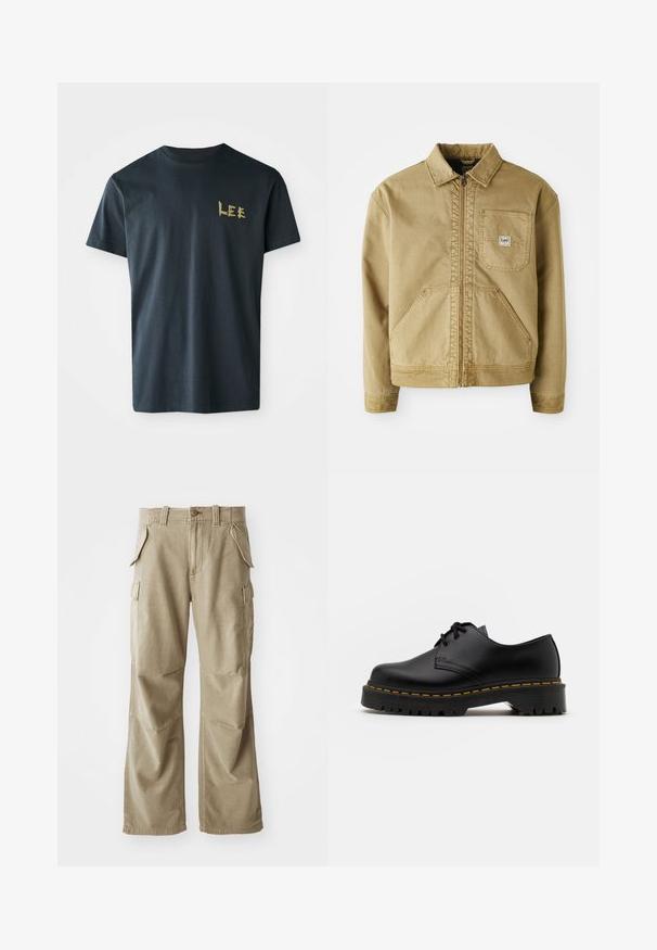 Casaco castanho com fecho de correr à frente, colarinho pontiagudo, bolso no peito e grandes bolsos laterais. Feito de um tecido resistente com detalhes de costura visíveis.; T-shirt de algodão preto com mangas curtas. Apresenta um logo em letras maiúsculas douradas "LEE" na área do peito esquerdo. Gola redonda, ajuste padrão.; Calças cargo bege feitas de um tecido durável, apresentando um corte relaxado, múltiplos bolsos laterais e joelhos reforçados. Design frontal liso.; Sapato de pele preta com atacadores, bico arredondado, sola de borracha texturizada e costura amarela à volta da base. Design plano e acabamento liso.