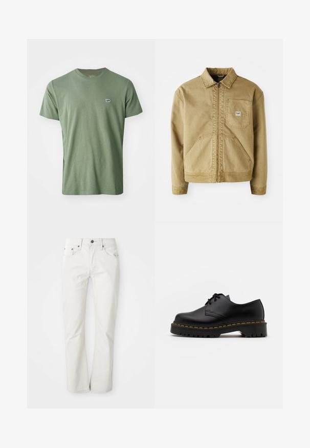 Beżowa kurtka z zamkiem z przodu, spiczastym kołnierzem, kieszenią na piersi oraz dużymi kieszeniami bocznymi. Wykonana z wytrzymałego materiału z widocznymi detalami szwów.; Lee - T-shirt basic; Jasne dżinsy wykonane z mieszanki bawełny. Prosty krój nogawki z pięcioma kieszeniami i metalowym zapięciem. Gładka tekstura.; Czarne skórzane buty na sznurówki z zaokrąglonym noskiem, teksturowaną gumową podeszwą i żółtym przeszyciem wokół podstawy. Płaski design i gładkie wykończenie.