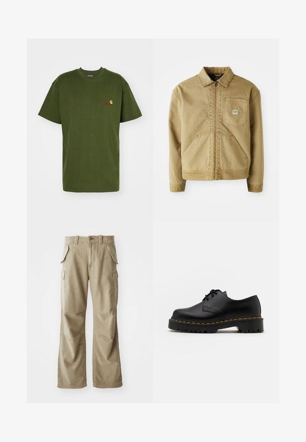 Kärtjakker, millel on lukuga ees, terav kaelus, rinnaeend, ja suured küljetaskud. Valmistatud tugevast kangast, millel on nähtavad õmbluse detailid.; Carhartt WIP AMERICAN SCRIPT - Lihtne T-särk - tarragon; Beezid värvi cargo püksid, mis on valmistatud vastupidavast kangast, millel on mugav lõige, mitu külgetaskut ja tugevdustega põlved. Tasane esiosa.; Must musta lesti kingad ümarate varvastega, tekstureeritud kummitald ja kollane õmblus aluse ääres. Lame disain ja sile viimistlus.