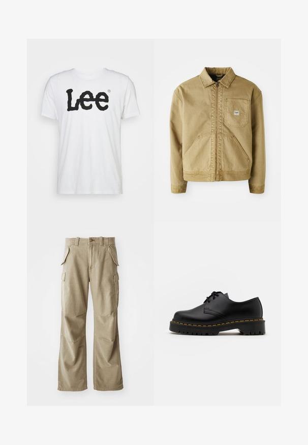 Ruda striukė su užtrauktuku, smailiu apykakle, krūtinės kišene ir didelėmis šoninėmis kišenėmis. Pagaminta iš tvirto audinio su matomomis siuvimo detalėmis.; Balta medvilninė marškinėlių su dideliu juodu "Lee" logotipu banguota šriftu per krūtinę. Trumpi rankovės ir apvalus kaklas.; Smėlio spalvos cargo kelnės, pagamintos iš patvarios medžiagos, su laisvu siluetu, daugeliu šoninių kišenių ir sustiprintomis kelėnų vietomis. Lygus priekinis dizainas.; Juoda odinė lakuota avalynė su apvaliu pirštu, tekstūruota gumine padu ir geltona siūlelių apdaila aplink bazę. Lygus dizainas ir glotnus paviršius.