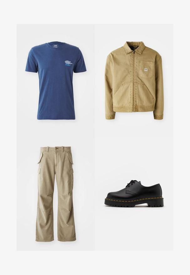 Ruda striukė su užtrauktuku, smailiu apykakle, krūtinės kišene ir didelėmis šoninėmis kišenėmis. Pagaminta iš tvirto audinio su matomomis siuvimo detalėmis.; Tamsiai mėlynos spalvos medvilninė marškinėlių su trumpomis rankovėmis, apvaliu kaklu ir grafiniu dizainu su ranka bei tekstu kairiajame krūtinės plote.; Smėlio spalvos cargo kelnės, pagamintos iš patvarios medžiagos, su laisvu siluetu, daugeliu šoninių kišenių ir sustiprintomis kelėnų vietomis. Lygus priekinis dizainas.; Juoda odinė lakuota avalynė su apvaliu pirštu, tekstūruota gumine padu ir geltona siūlelių apdaila aplink bazę. Lygus dizainas ir glotnus paviršius.