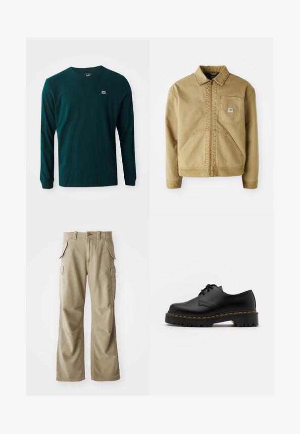 Barna dzseki cipzárral, hegyes gallérral, mellzsebbel és nagy oldalzsebekkel. Ellenálló anyagból készült, látható varrási részletekkel.; Hosszú ujjú póló sötétzöld pamutból, kerek nyakkivágással és egy kis fehér logóval a bal mellrészen. Sima textúra, laza szabás.; Beige katonai nadrág tartós anyagból, laza szabással, több oldalsó zsebbel és megerősített térddel. Lapított elülső kialakítás.; Fekete bőr, fűzős cipő lekerekített orral, texturált gumitalppal és sárga varrással az alján. Lapos design és sima felület.