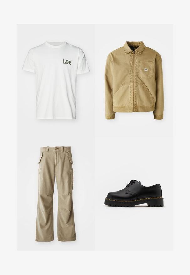 Jachetă bej cu fermoar în față, guler ascuțit, buzunar pe piept și buzunare laterale mari. Fabricată dintr-un material rezistent, cu detalii de cusătură vizibile.; Tricou alb din bumbac, cu mânecă scurtă și guler rotund. Prezintă un logo verde "Lee" în zona stângă a pieptului. Textură netedă.; Pantaloni cargo bej dintr-un material durabil, cu o croială confortabilă, mai multe buzunare laterale și genunchi întăriți. Design cu față plată.; Pantof black din piele, cu sireturi, cu vârf rotund, talpă din cauciuc texturat și cusături galbene în jurul bazei. Design plat și finisaj neted.