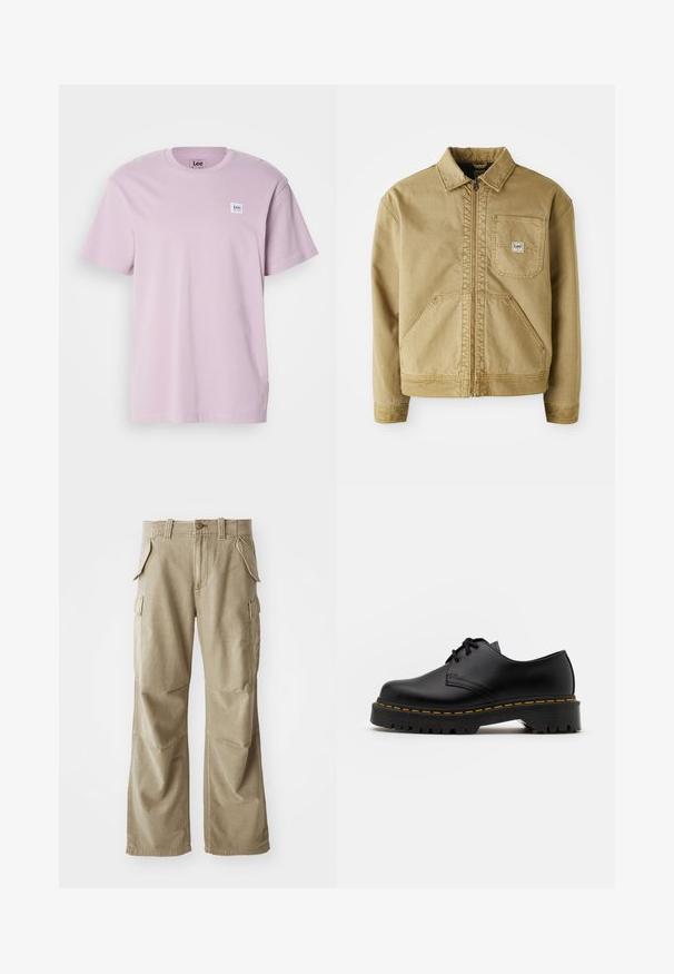 Barna dzseki cipzárral, hegyes gallérral, mellzsebbel és nagy oldalzsebekkel. Ellenálló anyagból készült, látható varrási részletekkel.; Világoslila, rövid ujjú pamut póló, bal mellrészen egy kis fehér téglalap alakú logóval. Puha tapintású.; Beige katonai nadrág tartós anyagból, laza szabással, több oldalsó zsebbel és megerősített térddel. Lapított elülső kialakítás.; Fekete bőr, fűzős cipő lekerekített orral, texturált gumitalppal és sárga varrással az alján. Lapos design és sima felület.