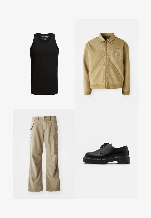 Hnědá bunda s zipovým předním zapínáním, špičatým límcem, náprsní kapsou a velkými bočními kapsami. Vyrobena z odolného materiálu s viditelnými stehenními detaily.; Černý tílko vyrobené z bavlněné směsi, s klasickým kulatým výstřihem a bezrukávovým designem. Hladká textura bez vzorů nebo akcentů.; Béžové cargo kalhoty vyrobené z odolné látky, s uvolněným střihem, několika bočními kapsami a zesílenými koleny. Plochý přední design.; Černá kůže šněrovací boty s kulatou špičkou, texturovanou gumovou podrážkou a žlutým prošíváním kolem základny. Plný design a hladký povrch.