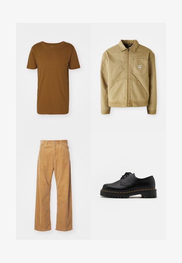 Barna dzseki cipzárral, hegyes gallérral, mellzsebbel és nagy oldalzsebekkel. Ellenálló anyagból készült, látható varrási részletekkel.; Lee SHAPED TEE - Basic póló - brown; Bézs színű corduroy, bő szárú nadrág. Jellemzője a texturált, függőleges bordázás, valamint a hagyományos derékpánt és két elülső zseb.; Fekete bőr, fűzős cipő lekerekített orral, texturált gumitalppal és sárga varrással az alján. Lapos design és sima felület.