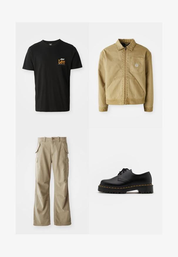 Chaqueta marrón con cierre de cremallera en el frente, cuello puntiagudo, bolsillo en el pecho y grandes bolsillos laterales. Hecha de tela resistente con detalles de costura visibles.; Camiseta de algodón negra con mangas cortas, cuello redondo, que presenta un pequeño logo gráfico en naranja y blanco en la parte izquierda del pecho.; Pantalones cargo beige de tela resistente, con un corte relajado, múltiples bolsillos laterales y rodillas reforzadas. Diseño de frente plano.; Zapato negro de cuero con cordones, punta redondeada, suela de goma texturizada y costuras amarillas alrededor de la base. Diseño plano y acabado suave.