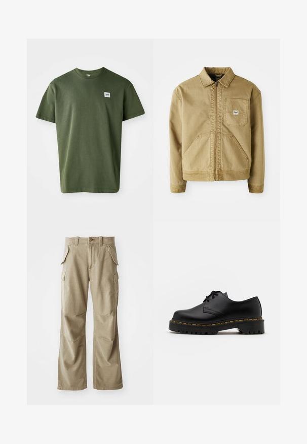 Casaco castanho com fecho de correr à frente, colarinho pontiagudo, bolso no peito e grandes bolsos laterais. Feito de um tecido resistente com detalhes de costura visíveis.; T-shirt de algodão verde oliva com decote redondo, mangas curtas e um pequeno logótipo no lado esquerdo do peito. Textura suave, corte descontraído.; Calças cargo bege feitas de um tecido durável, apresentando um corte relaxado, múltiplos bolsos laterais e joelhos reforçados. Design frontal liso.; Sapato de pele preta com atacadores, bico arredondado, sola de borracha texturizada e costura amarela à volta da base. Design plano e acabamento liso.
