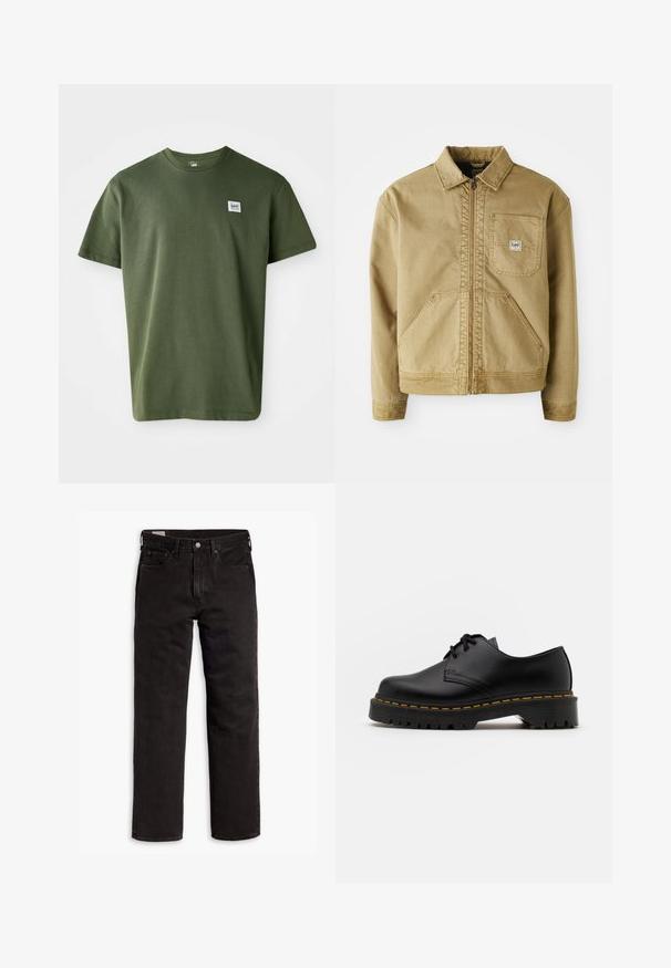 Beżowa kurtka z zamkiem z przodu, spiczastym kołnierzem, kieszenią na piersi oraz dużymi kieszeniami bocznymi. Wykonana z wytrzymałego materiału z widocznymi detalami szwów.; Oliwkowa bawełniana koszulka z okrągłym dekoltem, krótkimi rękawami i małą naszywką z logo na lewej piersi. Gładka textura, luźny krój.; Czarne dżinsy proste z pięcioma kieszeniami, zapięciem na guzik i paskiem, rozłożone na białym tle.; Czarne skórzane buty na sznurówki z zaokrąglonym noskiem, teksturowaną gumową podeszwą i żółtym przeszyciem wokół podstawy. Płaski design i gładkie wykończenie.