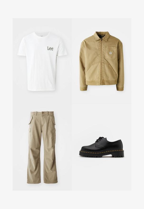 Tan jakke med lynlås i front, spidse krave, brystlomme og store sidelommer. Lavet af robust stof med synlige syninger.; Hvid bomuld T-shirt med et lille grønt "Lee" logo på venstre brystområde. Klassisk rund hals og korte ærmer, glat tekstur.; Beige cargo bukser lavet af slidstærkt stof, med en afslappet pasform, flere sidelommer og forstærkede knæ. Flad frontdesign.; Sort læder snøresko med en rund tå, tekstureret gummisål og gule stikninger omkring bunden. Flad design og glat finish.