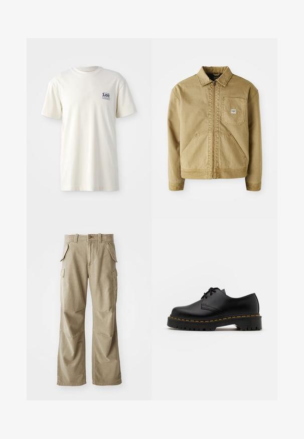 Tan jakke med lynlås i front, spidse krave, brystlomme og store sidelommer. Lavet af robust stof med synlige syninger.; Cremefarvet bomulds T-shirt med rund hals, korte ærmer og et blåt "Lee Workwear" logo på venstre bryst.; Beige cargo bukser lavet af slidstærkt stof, med en afslappet pasform, flere sidelommer og forstærkede knæ. Flad frontdesign.; Sort læder snøresko med en rund tå, tekstureret gummisål og gule stikninger omkring bunden. Flad design og glat finish.