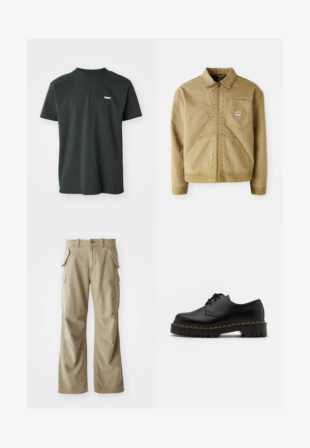 Casaco castanho com fecho de correr à frente, colarinho pontiagudo, bolso no peito e grandes bolsos laterais. Feito de um tecido resistente com detalhes de costura visíveis.; T-shirt preta de algodão com mangas curtas, decote canelado e pequeno logotipo branco "OBEY" no peito. Barra reta com fendas laterais.; Calças cargo bege feitas de um tecido durável, apresentando um corte relaxado, múltiplos bolsos laterais e joelhos reforçados. Design frontal liso.; Sapato de pele preta com atacadores, bico arredondado, sola de borracha texturizada e costura amarela à volta da base. Design plano e acabamento liso.