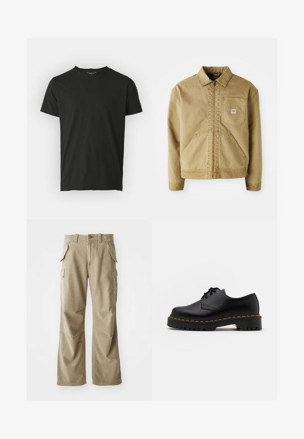 Hnědá bunda s zipovým předním zapínáním, špičatým límcem, náprsní kapsou a velkými bočními kapsami. Vyrobena z odolného materiálu s viditelnými stehenními detaily.; Černé bavlněné tričko s krátkými rukávy a kulatým výstřihem. Hladká textura, minimalistický design a štítek na zadní straně výstřihu.; Béžové cargo kalhoty vyrobené z odolné látky, s uvolněným střihem, několika bočními kapsami a zesílenými koleny. Plochý přední design.; Černá kůže šněrovací boty s kulatou špičkou, texturovanou gumovou podrážkou a žlutým prošíváním kolem základny. Plný design a hladký povrch.