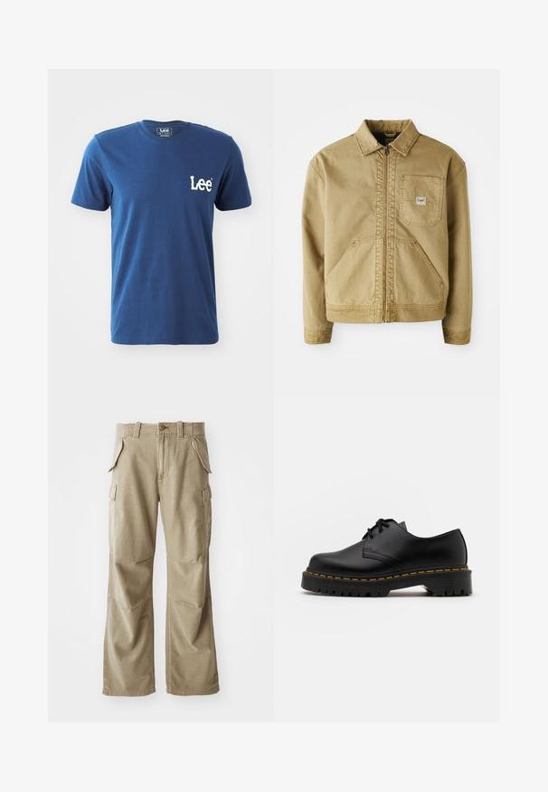 Ruda striukė su užtrauktuku, smailiu apykakle, krūtinės kišene ir didelėmis šoninėmis kišenėmis. Pagaminta iš tvirto audinio su matomomis siuvimo detalėmis.; Mėlynas medvilninis marškinėliai trumpomis rankovėmis ir apvalia iškirpte, su baltu išsiuvinėtu "Lee" logotipu kairėje krūtinės pusėje. Lygus paviršius.; Smėlio spalvos cargo kelnės, pagamintos iš patvarios medžiagos, su laisvu siluetu, daugeliu šoninių kišenių ir sustiprintomis kelėnų vietomis. Lygus priekinis dizainas.; Juoda odinė lakuota avalynė su apvaliu pirštu, tekstūruota gumine padu ir geltona siūlelių apdaila aplink bazę. Lygus dizainas ir glotnus paviršius.