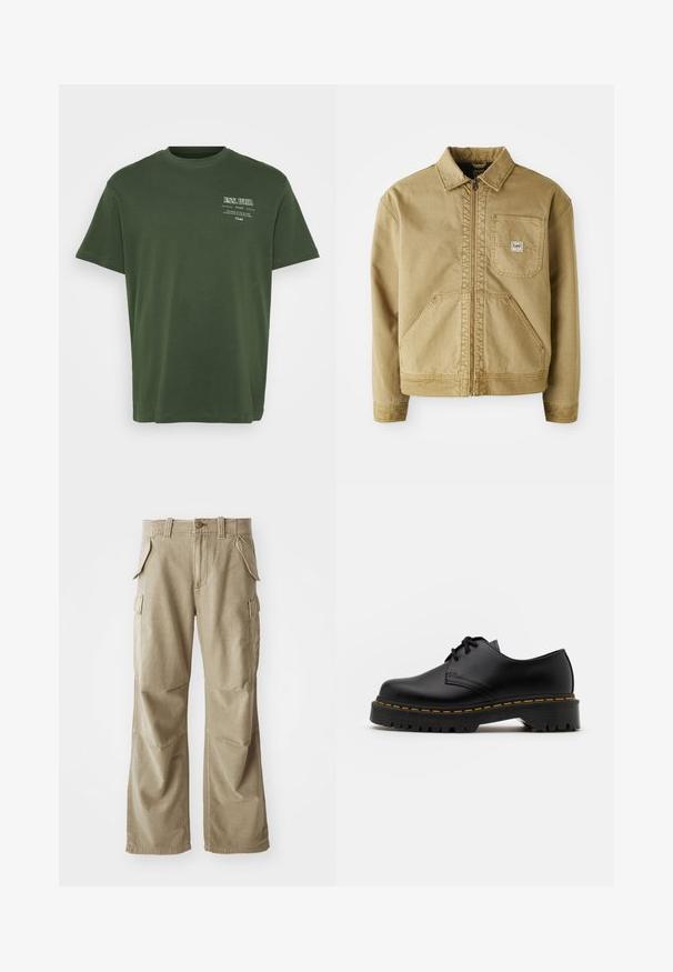 Tan jakke med lynlås i front, spidse krave, brystlomme og store sidelommer. Lavet af robust stof med synlige syninger.; Grøn bomulds T-shirt med rund hals, korte ærmer og trykt tekst i hvid på den øverste venstre side. Glat tekstur, afslappet pasform.; Beige cargo bukser lavet af slidstærkt stof, med en afslappet pasform, flere sidelommer og forstærkede knæ. Flad frontdesign.; Sort læder snøresko med en rund tå, tekstureret gummisål og gule stikninger omkring bunden. Flad design og glat finish.
