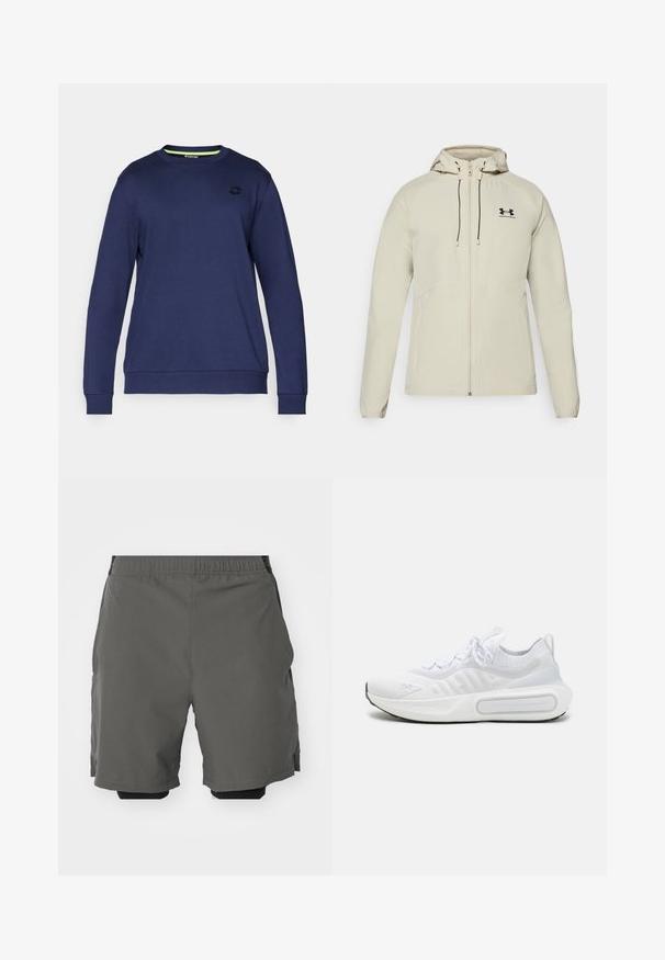 Heled helebeige kapuutsiga jakk, millel on ees lukk, reguleeritavad nöörid ja must logo vasakul rinnal. Sile kangas ja figuuri järgnevdisain.; Tumedat sinine dressipluus pehmest kangast, ümmarguse kaelusega, pika varrukaga, soonikute ja diskreetse logoga rinnal.; Halljinad hallid spordilühikesed püksid, millel on sile ja kerge kangas ning elastne vöökoht. Tootel on sisemised kompressioonishortsid ja küljetaskud.; Valge spordijalats, millel on tekstuuriga kudumipealne, kinnitatav nööri sulgemine, pehmendusega tald ning silmapaistev brändingu detail külje peal.