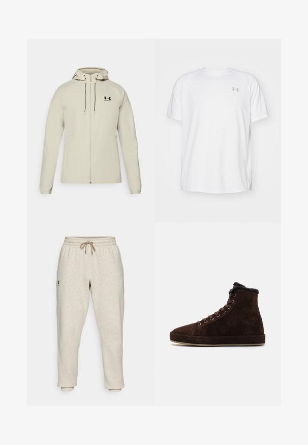 Šviesiai smėlio spalvos džemperis su gobtuvu, priekiniais užtrauktukais, reguliuojamomis raištelėmis ir juodu logotipu ant kairiojo krūtinės. Lygus audinys ir prigludusi forma.; Balta trumpa rankovėmis sportinė marškinėliai, pagaminti iš lygaus audinio. Yra apvalus kaklas ir pilkas logotipas kairėje krūtinės pusėje, o apatinėje dalyje yra šoninės plyšiai.; Šviesiai rudos spalvos treningai, pagaminti iš minkštos, tekstūruotos medžiagos, su elastinga juosta ir raišteliu. Yra šoninis logotipas ir siaurėjantys kulkšnies plotai, užtikrinantys patogią fasoną.; Rudos zomšiniai aukšti sportiniai bateliai su raišteliais, apvalia nosimi, minkštu pamušalu ant apykaklės ir guminiais padais.