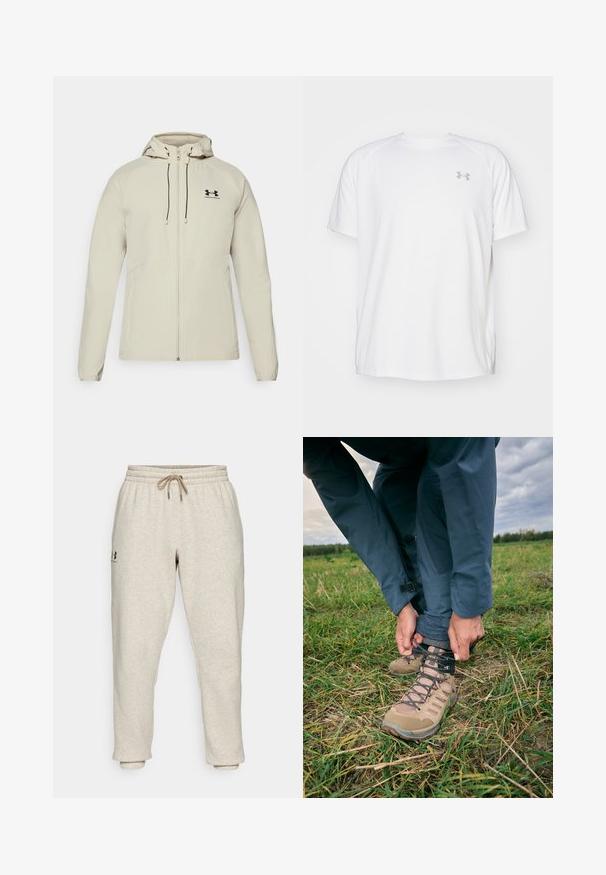 Svetlo bež kapuča jakna s prednjim zadrgo, prilagodljivimi vrvicami in črnim logotipom na levi prsih. Gladko blago in prilegajoča zasnova.; Bela kratka športna majica s kratkimi rokavi, izdelana iz gladkega blaga. Ima okroglo ovratnico in sivo logotip na levi prsi ter stranske razpoke na robu.; Beige trenirke iz mehkega, teksturiranega materiala z elastičnim pasom in vrvico za zategovanje. Imajo stranski logo in zožene gležnje za sproščen fit.; Rjave pohodniške čevlje s vezalkami, mrežnimi paneli in gumijastimi podplati. Oseba prilagaja vezalke, medtem ko nosi temne zunanje hlače na travnati površini.