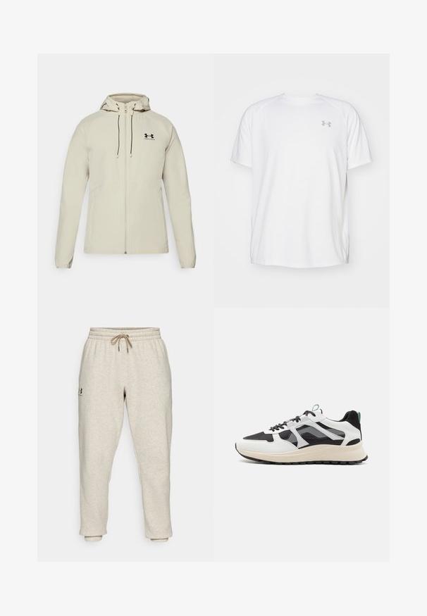 Világos bézs színű kapucnis dzseki elöl cipzárral, állítható zsinórokkal és fekete logóval a bal mellrészen. Simaszerkezet és testhezálló kialakítás.; Fehér, rövid ujjú sportpóló sima anyagból. Kerek nyakkivágással és szürke logóval a bal mellkasnál, az alján oldalsó hasítékokkal.; Beige szabadidőnadrág puha, texturált anyagból, rugalmas derékkal és húzózsinórral. Oldalsó logóval és tapered (keskeny) bokákkal rendelkezik a kényelmes illeszkedés érdekében.; J.LINDEBERG ARES SPORT - Sportcipő - white