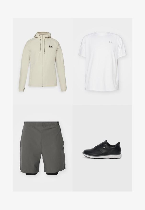 Helle beige Kapuzenjacke mit einem Frontreißverschluss, verstellbaren Kordeln und schwarzem Logo auf der linken Brust. Glattes Material und taillierte Passform.; Weißes kurzärmeliges Sportshirt aus glattem Material. Mit Rundhalsausschnitt und grauem Logo auf der linken Brust, sowie seitlichen Schlitzen am Saum.; Graue Sportshorts aus glattem, leichtem Stoff mit einem elastischen Bund, ausgestattet mit inneren Kompressionsshorts und Seitentaschen.; Schwarze Leder Schnürsneaker von Skechers mit weißer Sohle, seitlichem Logo und strukturiertem Grip auf der Sohle vor einem schlichten hellen Hintergrund.