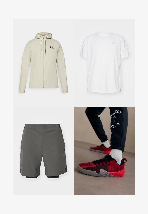 Svetlo bež kapuča jakna s prednjim zadrgo, prilagodljivimi vrvicami in črnim logotipom na levi prsih. Gladko blago in prilegajoča zasnova.; Bela kratka športna majica s kratkimi rokavi, izdelana iz gladkega blaga. Ima okroglo ovratnico in sivo logotip na levi prsi ter stranske razpoke na robu.; Sive športne hlače z gladkim, lahkim materialom in elastičnim pasom, ki vsebujejo notranje kompresijske hlače in stranske žepke.; Oseba v črnih trenirkah z napisom "Project 7 Rock" in rdeče-črnih teniskah Under Armour s belimi nogavicami na beigem tleh.