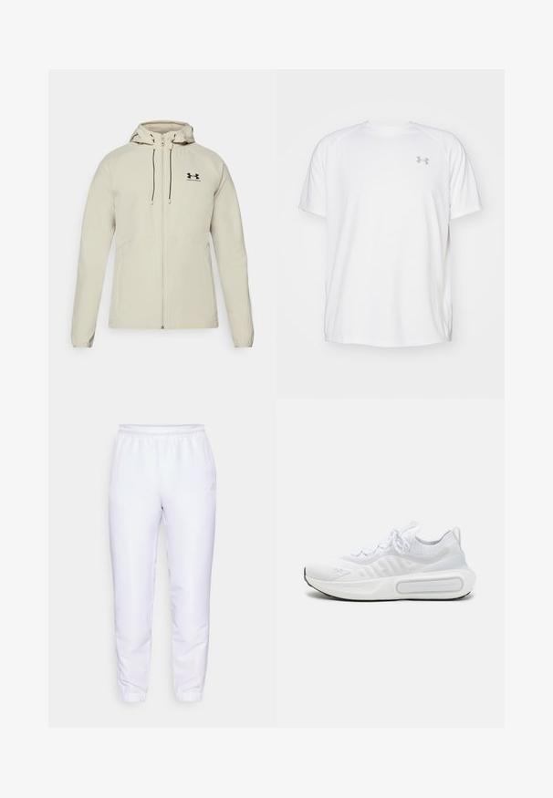 Világos bézs színű kapucnis dzseki elöl cipzárral, állítható zsinórokkal és fekete logóval a bal mellrészen. Simaszerkezet és testhezálló kialakítás.; Fehér, rövid ujjú sportpóló sima anyagból. Kerek nyakkivágással és szürke logóval a bal mellkasnál, az alján oldalsó hasítékokkal.; Fehér sportnadrág sima, könnyű anyagból. Elasztikus derékpánttal és szűkített mandzsettákkal rendelkezik. Diszkrét logó részlet az oldalon.; Fehér sportcipő texturált kötött felsőrésszel, fűzős záródással, párnázott talppal és egyedi márkajelzéssel az oldalon.
