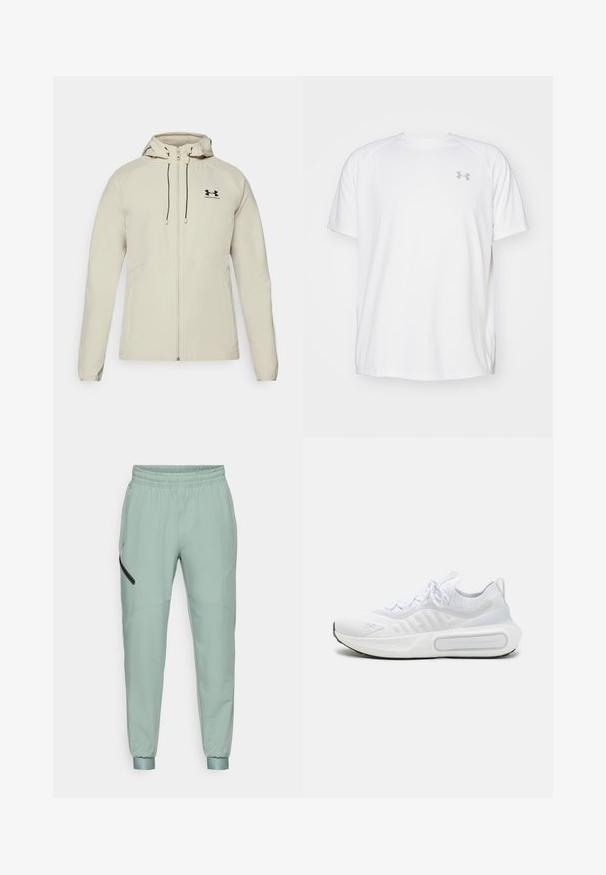 Svetlo bež kapuča jakna s prednjim zadrgo, prilagodljivimi vrvicami in črnim logotipom na levi prsih. Gladko blago in prilegajoča zasnova.; Bela kratka športna majica s kratkimi rokavi, izdelana iz gladkega blaga. Ima okroglo ovratnico in sivo logotip na levi prsi ter stranske razpoke na robu.; Jogger hlače v meti z elastičnim pasom, zoženimi manšetami, gladkim materialom in žepom z zadrgo na strani.; Bela športna čevlja s teksturirano pletenino, vezanjem na vezalke, blaženim podplatom in značilnim logotipom na strani.