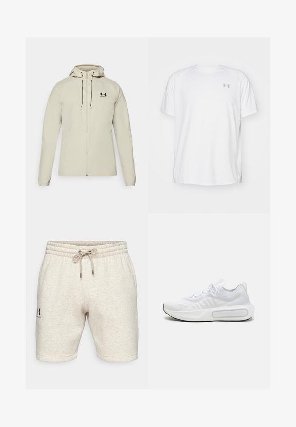 Heled helebeige kapuutsiga jakk, millel on ees lukk, reguleeritavad nöörid ja must logo vasakul rinnal. Sile kangas ja figuuri järgnevdisain.; Valge lühikeste varrukate ja sportliku lõikega särk, millel on sile kangas. Omab ümarat kaelust ja halli logo vasakul rinnal, ning külgsuured lõhik kui lõhateel.; Heledbeez värvi puuvilla segust šortsid, millel on elastne vöökoht, paelaga sulgemine ja tikitud logo vasakul jalal.; Valge spordijalats, millel on tekstuuriga kudumipealne, kinnitatav nööri sulgemine, pehmendusega tald ning silmapaistev brändingu detail külje peal.