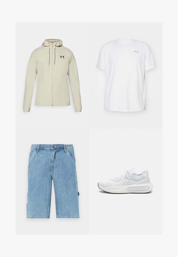 Lys beige hettejakke med frontglidelås, justerbare snorer og svart logo på venstre bryst. Glatt stoff og tettsittende design.; Hvit treningstopp med korte ermer laget av glatt stoff. Har rund hals og grått logo på venstre bryst, med sidesplitter i kanten.; Lys blå denimshorts med rett snitt, med frontlommer og en sidelomme i cargo-stil, som har en falmet tekstur og beltehemper i midjebåndet.; Hvit atletisk sko med et teksturert strikket overdel, snøring, polstret såle og et distinkt merkeelement på siden.