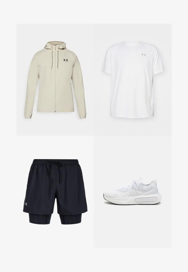 Light beige hooded jacket with a front zipper, adjustable drawstrings, and black logo on the left chest. Smooth fabric and fitted design.; White short-sleeve athletic shirt made of smooth fabric. Features a crew neck and gray logo on the left chest, with side slits at the hem.; Black athletic shorts with an elastic waistband and drawstring, featuring an inner fitted layer and Under Armour logo on the side.; White athletic shoe with a textured knit upper, lace-up closure, cushioned sole, and a distinctive branding detail on the side.