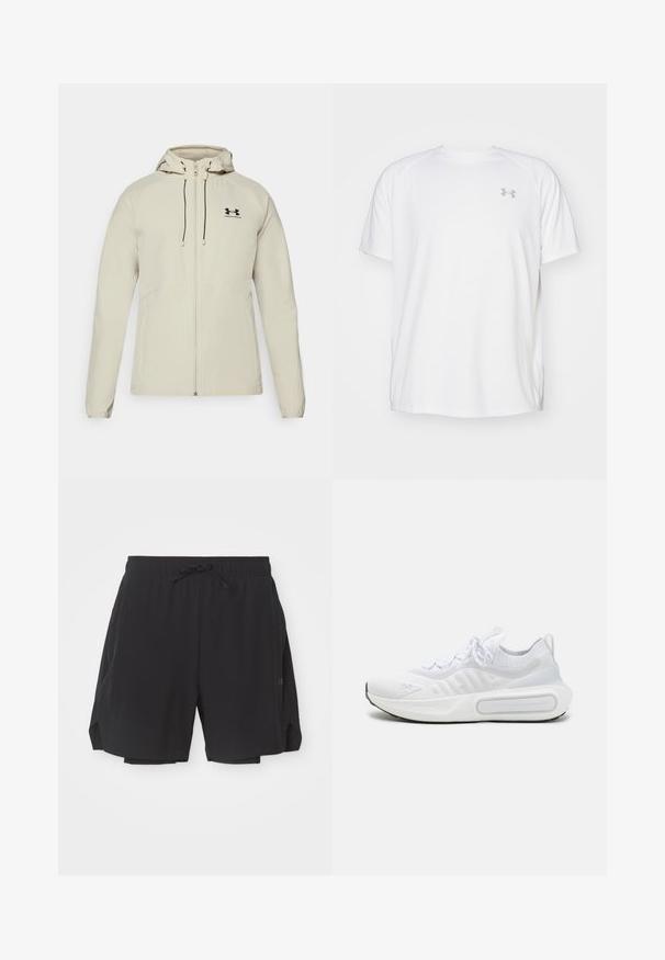 Heled helebeige kapuutsiga jakk, millel on ees lukk, reguleeritavad nöörid ja must logo vasakul rinnal. Sile kangas ja figuuri järgnevdisain.; Valge lühikeste varrukate ja sportliku lõikega särk, millel on sile kangas. Omab ümarat kaelust ja halli logo vasakul rinnal, ning külgsuured lõhik kui lõhateel.; Mustad mustus sportlikud lühikesed püksid, millel on elastne vöökoht koos vöösüsteemiga, võrgust vooder ja külglibisevavõimalused paindlikkuse saavutamiseks.; Valge spordijalats, millel on tekstuuriga kudumipealne, kinnitatav nööri sulgemine, pehmendusega tald ning silmapaistev brändingu detail külje peal.