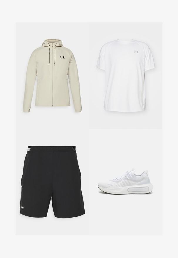 Gai brūns kapucis mētelis ar priekšējo rāvējslēdzēju, regulējamiem sasienamajiem diegiem un melnu logotipu kreisajā krūtī. Gluda auduma un pieguļošs dizains.; Baltas īsajiem piedurknēm sporta krekls, izgatavots no gludas auduma. Tam ir apaļa kakla izgriezums un pelēks logo uz kreisās krūtis, kā arī sānu šķēlumi apakšmalā.; Melni sporta šorti ar elastīgu jostu, kas izceļas ar baltu zīmolu. Izgatavoti no viegla materiāla ar gludu tekstūru un bez redzamām apdrukām.; Balti sporta apavi ar teksturētu adītu augšdaļu, saites slēgšanu, mīkstu zoli un izteiksmīgu zīmola detaļu sānos.