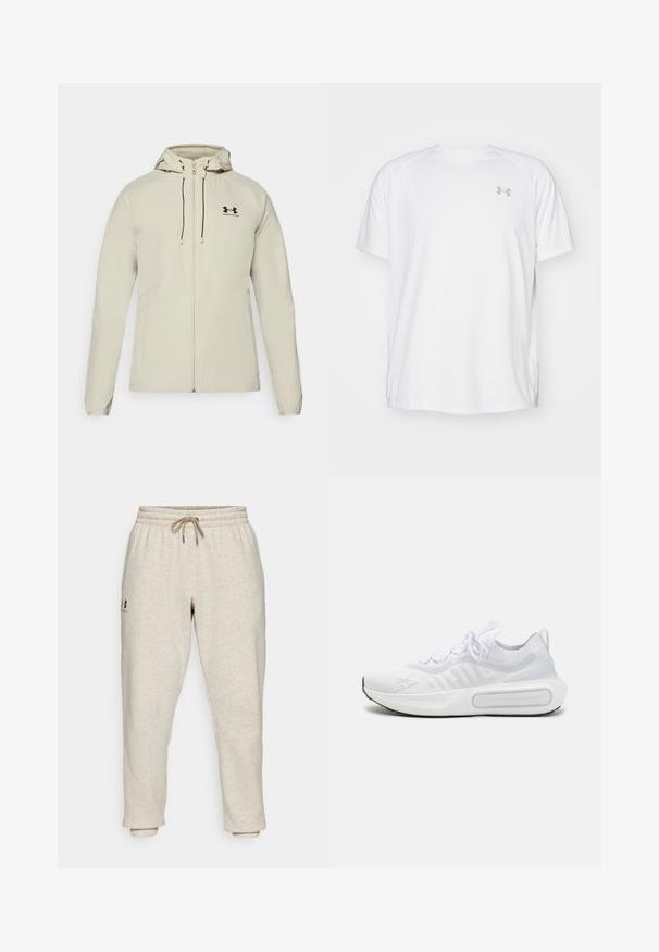 Lys beige hettejakke med frontglidelås, justerbare snorer og svart logo på venstre bryst. Glatt stoff og tettsittende design.; Hvit treningstopp med korte ermer laget av glatt stoff. Har rund hals og grått logo på venstre bryst, med sidesplitter i kanten.; Beige joggebukser i blødt, struktureret stof med elastisk talje og snor. Har et sidelogo og smale ankler for en afslappet pasform.; Hvit atletisk sko med et teksturert strikket overdel, snøring, polstret såle og et distinkt merkeelement på siden.