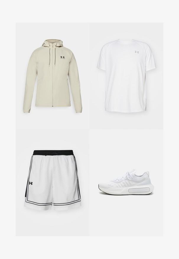 Šviesiai smėlio spalvos džemperis su gobtuvu, priekiniais užtrauktukais, reguliuojamomis raištelėmis ir juodu logotipu ant kairiojo krūtinės. Lygus audinys ir prigludusi forma.; Balta trumpa rankovėmis sportinė marškinėliai, pagaminti iš lygaus audinio. Yra apvalus kaklas ir pilkas logotipas kairėje krūtinės pusėje, o apatinėje dalyje yra šoninės plyšiai.; Balti tinkliniai šortai su juodais akcentais, elastinga juosta, raištelis ir šoninės juostelės. Kairėje pakraščio pusėje yra "Under Armour" logotipas.; Baltas sportinis batelis su tekstūruota trikotažo viršutine dalimi, su raišteliais, paminkštintu padu ir išskirtiniu ženklas šone.
