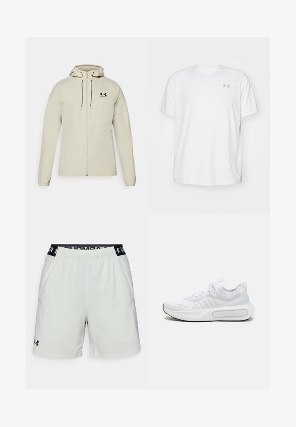Šviesiai smėlio spalvos džemperis su gobtuvu, priekiniais užtrauktukais, reguliuojamomis raištelėmis ir juodu logotipu ant kairiojo krūtinės. Lygus audinys ir prigludusi forma.; Balta trumpa rankovėmis sportinė marškinėliai, pagaminti iš lygaus audinio. Yra apvalus kaklas ir pilkas logotipas kairėje krūtinės pusėje, o apatinėje dalyje yra šoninės plyšiai.; Šviesiai pilkos sportinės šortai su elastingu juodu juosmeniu, ant kurio yra "Under Armour" logotipas, šoninės kišenės ir glotni tekstūra.; Baltas sportinis batelis su tekstūruota trikotažo viršutine dalimi, su raišteliais, paminkštintu padu ir išskirtiniu ženklas šone.
