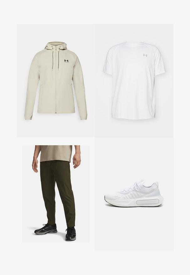 Šviesiai smėlio spalvos džemperis su gobtuvu, priekiniais užtrauktukais, reguliuojamomis raištelėmis ir juodu logotipu ant kairiojo krūtinės. Lygus audinys ir prigludusi forma.; Balta trumpa rankovėmis sportinė marškinėliai, pagaminti iš lygaus audinio. Yra apvalus kaklas ir pilkas logotipas kairėje krūtinės pusėje, o apatinėje dalyje yra šoninės plyšiai.; Alyvuogių spalvos sportinės kelnės su siauru pjūviu, tekstūrinis audinys ir diskretiška prekės ženklų etiketė. Sujungta su juodais sportiniais bateliais, turinčiais atspindinčius akcentus.; Baltas sportinis batelis su tekstūruota trikotažo viršutine dalimi, su raišteliais, paminkštintu padu ir išskirtiniu ženklas šone.