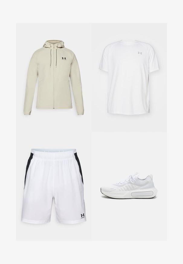 Vala beige huppari, jossa on etuvetoketju, säädettävät nyörit ja musta logo vasemmassa rinnassa. Sileä kangas ja vartalonmyötäinen muotoilu.; Valkoinen lyhythihainen urheilupaita, joka on valmistettu sileästä kankaasta. Paidassa on pyöreä kaula-aukko ja harmaa logo vasemmassa rinnassa, sekä sivuhalkiot helmassa.; Valkoiset urheilushortsit mustilla sivuaksentteilla, joustava vyötärö ja Under Armour -logo alhaalla oikeassa jalassa. Sujuva pinta ja kevyet materiaalit.; Valkoinen urheilukenkä, jossa on teksturoitu neulepinta, nauhakiinnitys, pehmustettu pohja ja erottuva brändityyli sivussa.